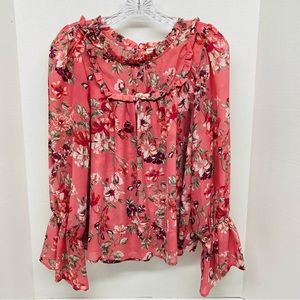 Cottagecore Pink Floral Blouse Long Bell Sleeve Lined Seven Forty Two Size M Top